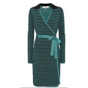 Diane von Furstenberg DVF Knit Wrap Dress Aquamarine Green Black Belted Size P